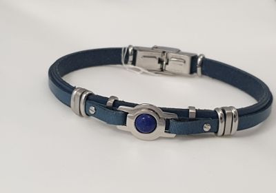 Bracelet homme en acier, cuir d’Italie et cabochon en lapis lazuli
