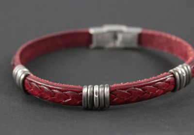 Bracelet homme en acier et cuir rouge d’Italie